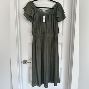 LOFT Flutter Sleeve Green Midi Dress Size XL